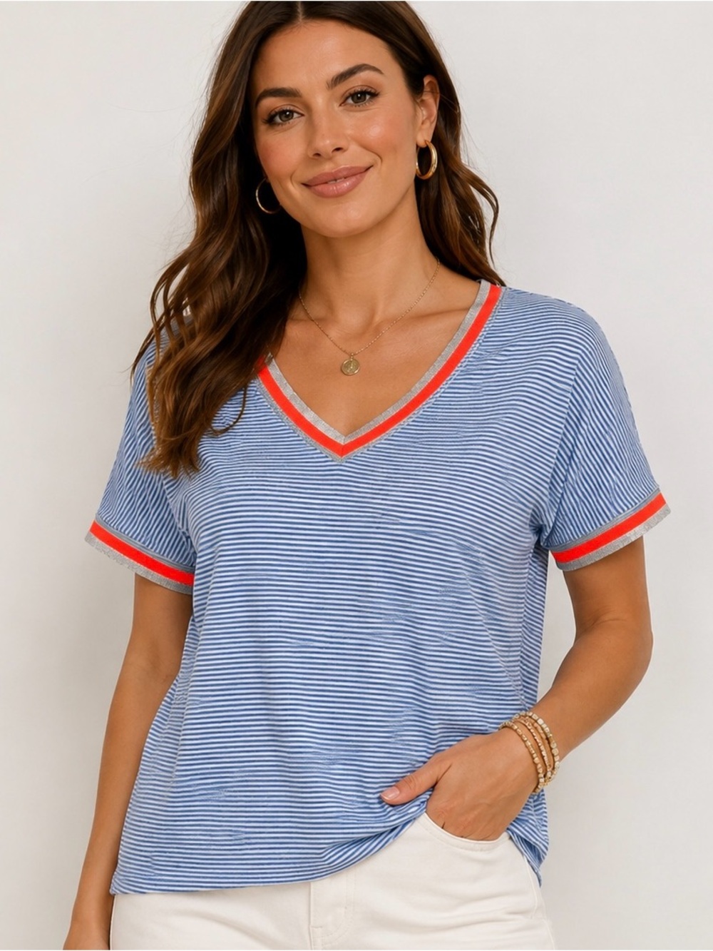 Vilagallo Linen Blend Stripe Knit Top Neon Trim Blue White Size M Portugal EUC